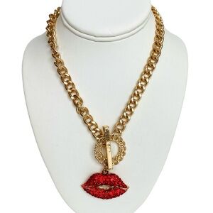 SHEIN Hip-Hop Ice Flashing Flame Red Lips Large Pendant Necklace Gold Red